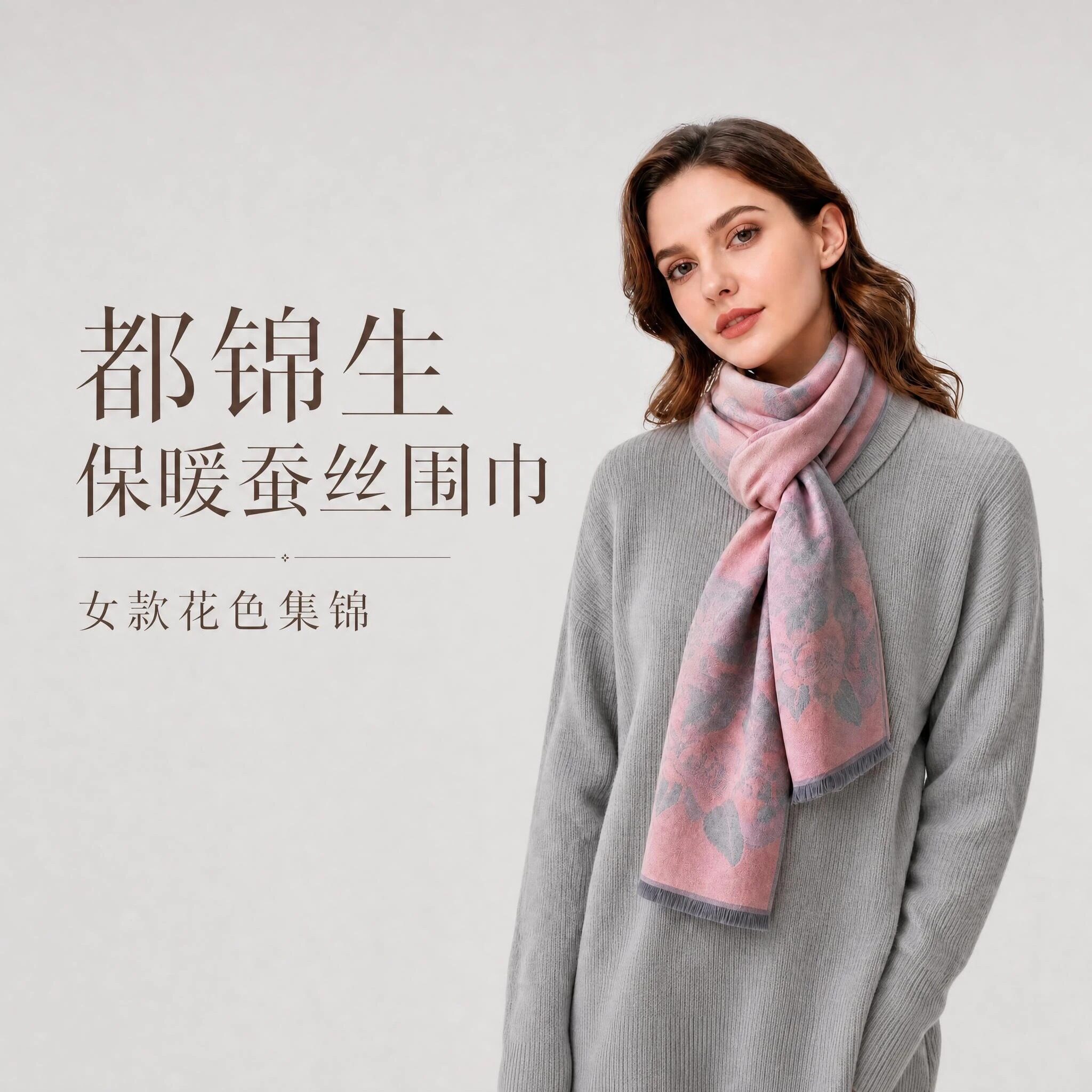 新品双面双色杭州都锦生保暖真丝拉绒围巾桑蚕丝加厚丝巾礼盒装