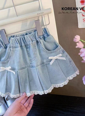 女童夏季牛仔短裙2025女宝新款韩版甜美蝴蝶结洋气蕾丝花边百褶裙