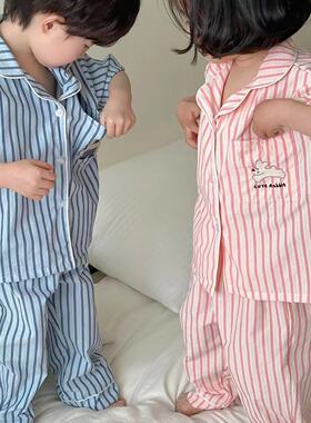 儿童条纹睡衣夏季男女童韩版天丝面卡通家居服宝宝短袖长裤空调服