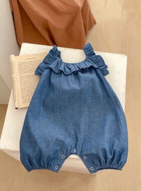 婴儿夏款牛仔短爬服甜美可爱女宝宝夏季韩版连身衣新生儿夏装哈衣
