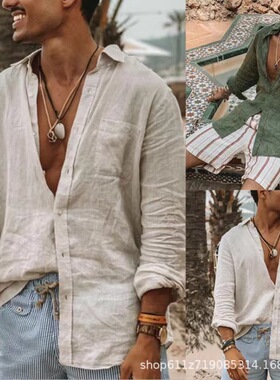 欧码男士夏季新款潮流长袖薄款宽松休闲纽扣棉麻衬衫大码寸衣