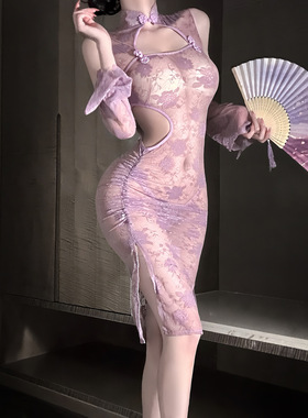 性感旗袍女款2025新款高级感纯欲风紫色吊带睡裙情调内衣套装大码