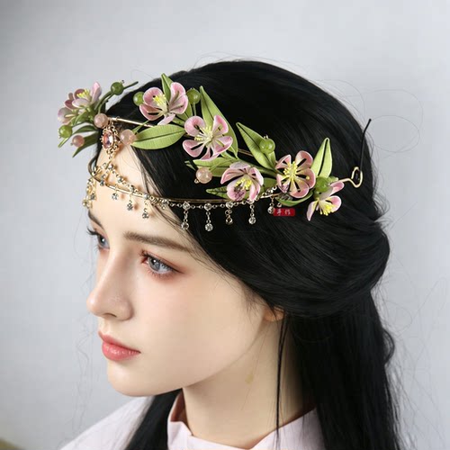 树叶缠花女神桃枝摇露冠材料包