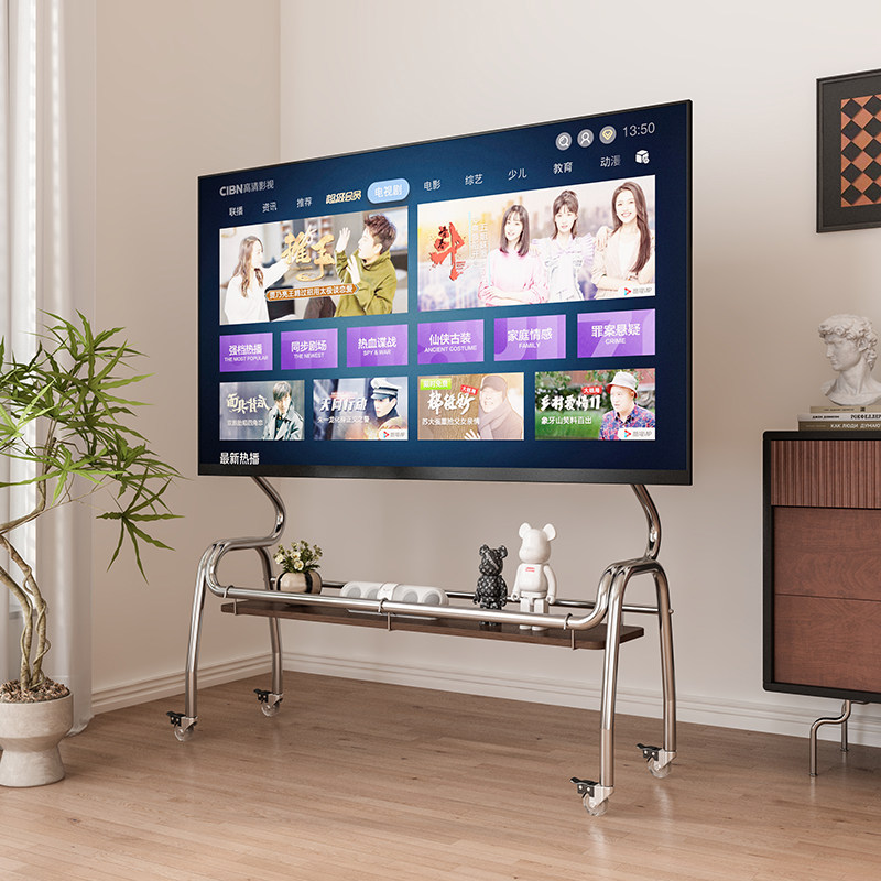不锈钢可移动电视简约落地支架挂架适用40-85寸带轮客厅卧室推车