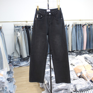 艾拿23877-1黑灰色水洗宽松直筒牛仔裤2026年春季女装窄版阔腿裤