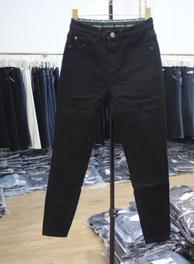 艾拿95060黑蓝织带弹力腰底抓毛小脚牛仔铅笔裤2025年冬女九分裤