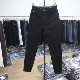 艾拿95060黑蓝织带弹力腰底抓毛小脚牛仔铅笔裤2025年冬女九分裤