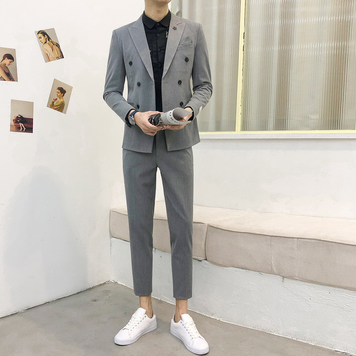MENS BRITISH SMALL SUIT TREND SLIM KOREAN CASUAL DOUBLE-BREASTED SUIT SUIT MENS BUSINESS TWO-PIECE SUIT