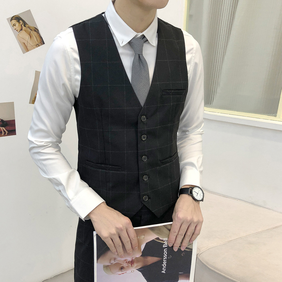 SUIT SUIT MENS SLIM PLAID CASUAL BRITISH STYLE GROOMSMAN WEDDING GIFT KOREAN VERSION SUIT VEST THREE-PIECE SET