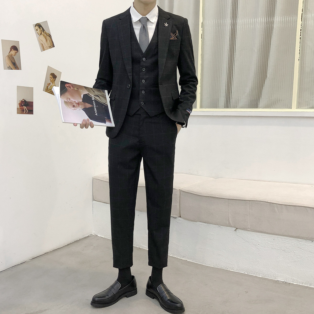 SUIT SUIT MENS SLIM PLAID CASUAL BRITISH STYLE GROOMSMAN WEDDING GIFT KOREAN VERSION SUIT VEST THREE-PIECE SET