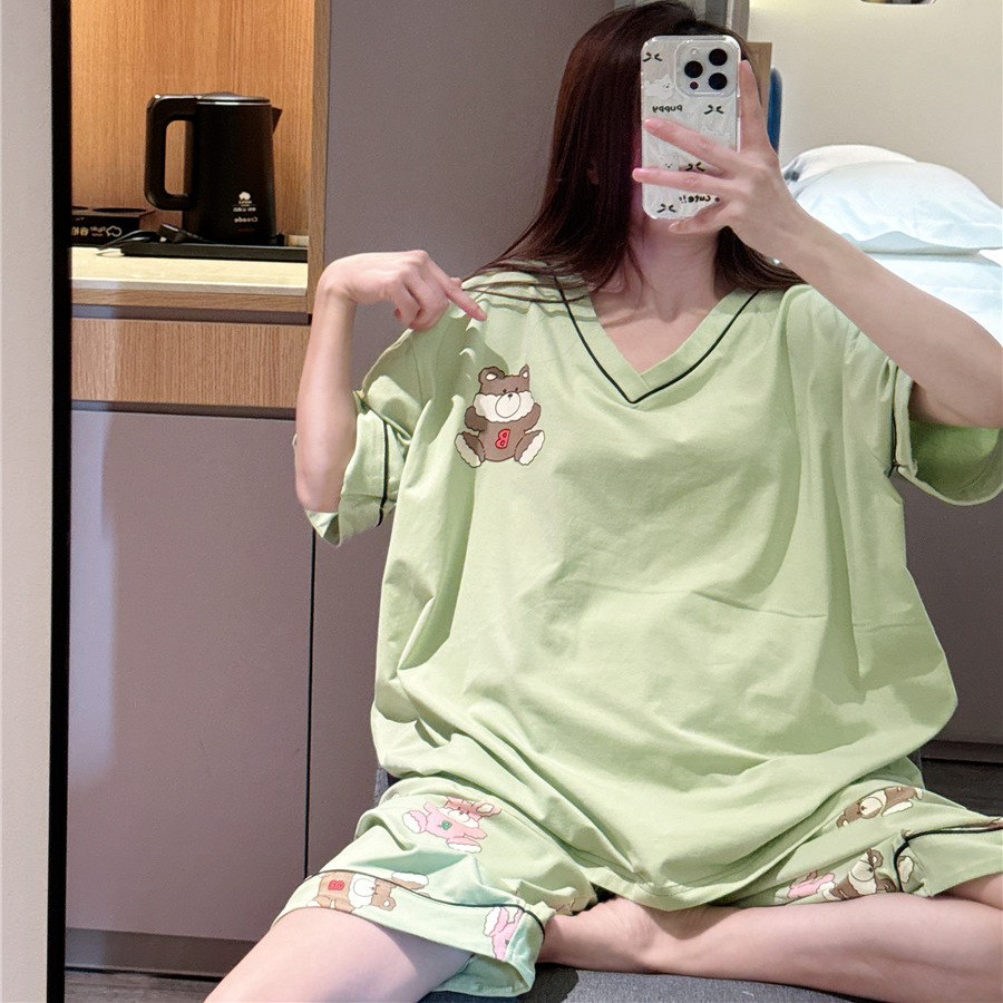 日系短袖睡衣女夏薄款纯棉V领小熊家居服大码胖mm200斤七分裤套装
