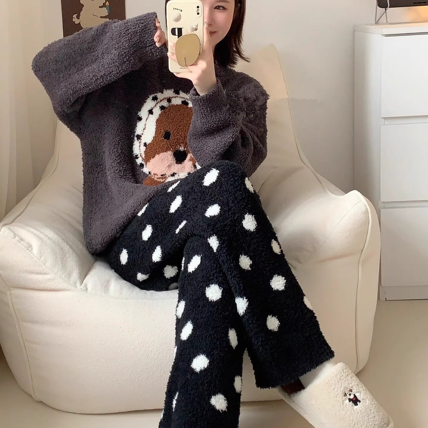 韩版睡衣女秋冬加厚半边绒卡通波点狗家居服软绵绵保暖套装可外穿