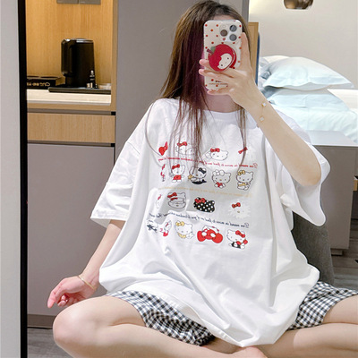 日系短袖睡衣女纯棉可爱猫咪蝴蝶结印花家居服大码胖mm200斤套装