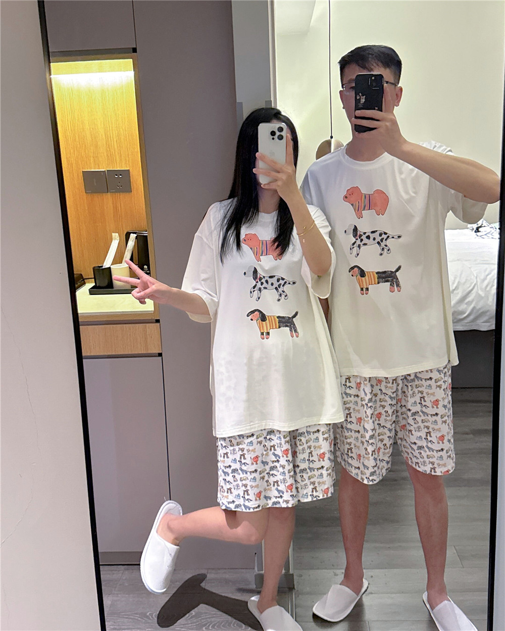 网红短袖情侣睡衣夏薄款莫代尔可爱小狗印花家居服大码200斤套装