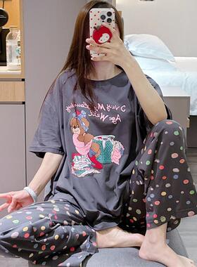 短袖睡衣女夏纯棉可爱小熊印花家居服大码胖mm200斤波点长裤套装
