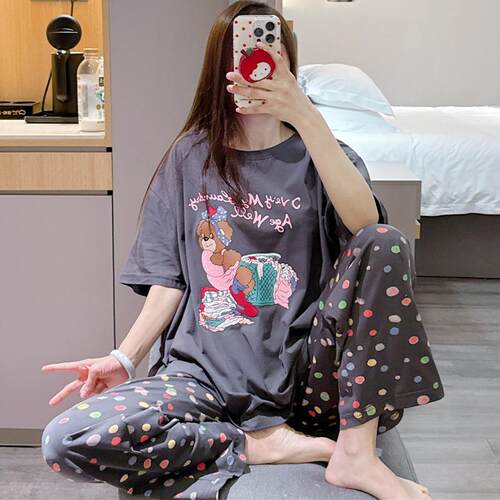 短袖睡衣女夏纯棉可爱小熊印花家居服大码胖mm200斤波点长裤套装