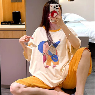 短袖 睡衣女夏甜美可爱女孩印花家居服加大码 胖mm200斤七分裤 套装