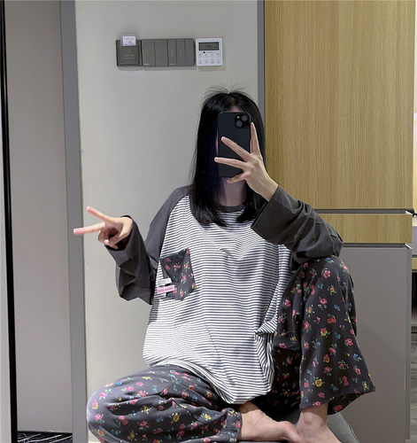 长袖睡衣女春秋200斤条纹套装