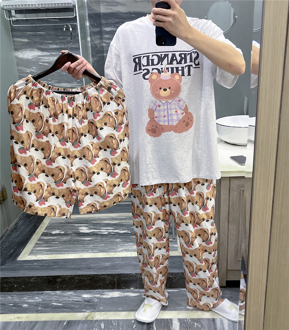 日系男士短袖睡衣薄款纯棉可爱小熊印花家居服大码200斤三件套装