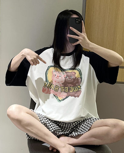 短袖睡衣女夏胖mm200斤格子套装