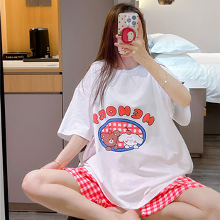 套装 胖mm200斤格子短裤 睡衣女夏可爱字母小熊印花家居服大码 短袖