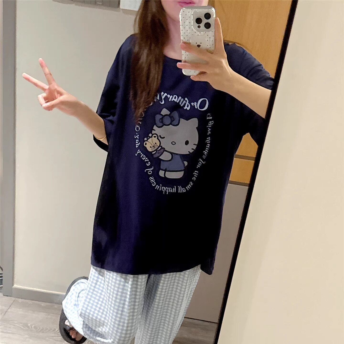短袖睡衣女可爱卡通猫咪印花家居服大码胖妹妹200斤格子长裤套装
