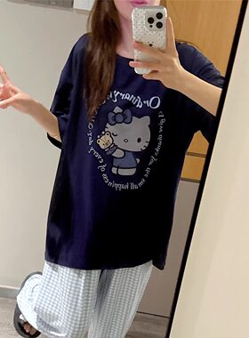 短袖睡衣女可爱卡通猫咪印花家居服大码胖妹妹200斤格子长裤套装