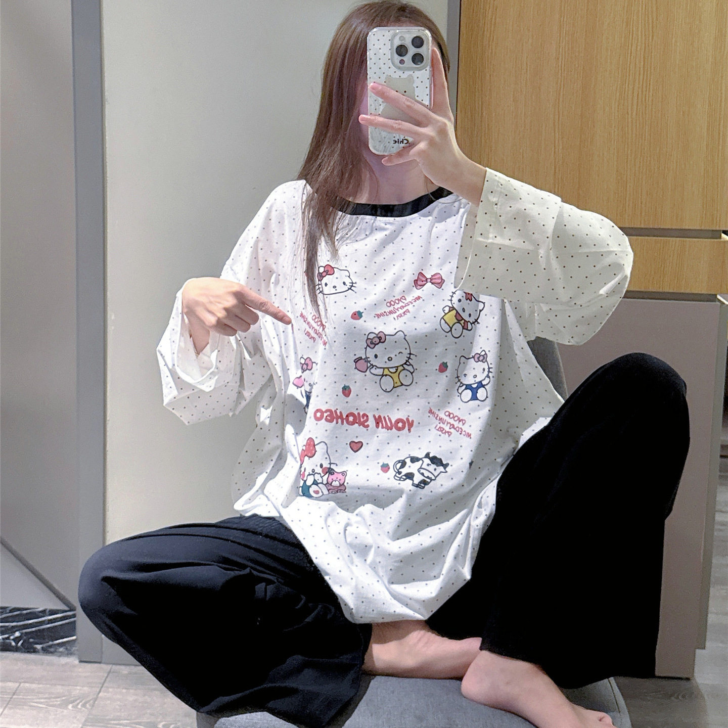 日系长袖T恤睡衣女春秋可爱猫咪印花家居服大码200斤长裤套装外穿