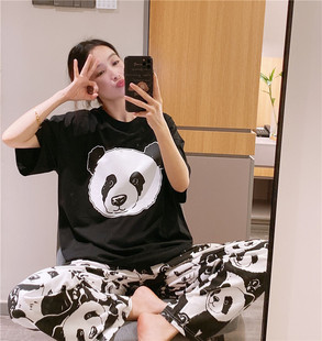 套装 日系ins短袖 200斤长裤 情侣睡衣薄款 夏 纯棉可爱熊猫家居服大码