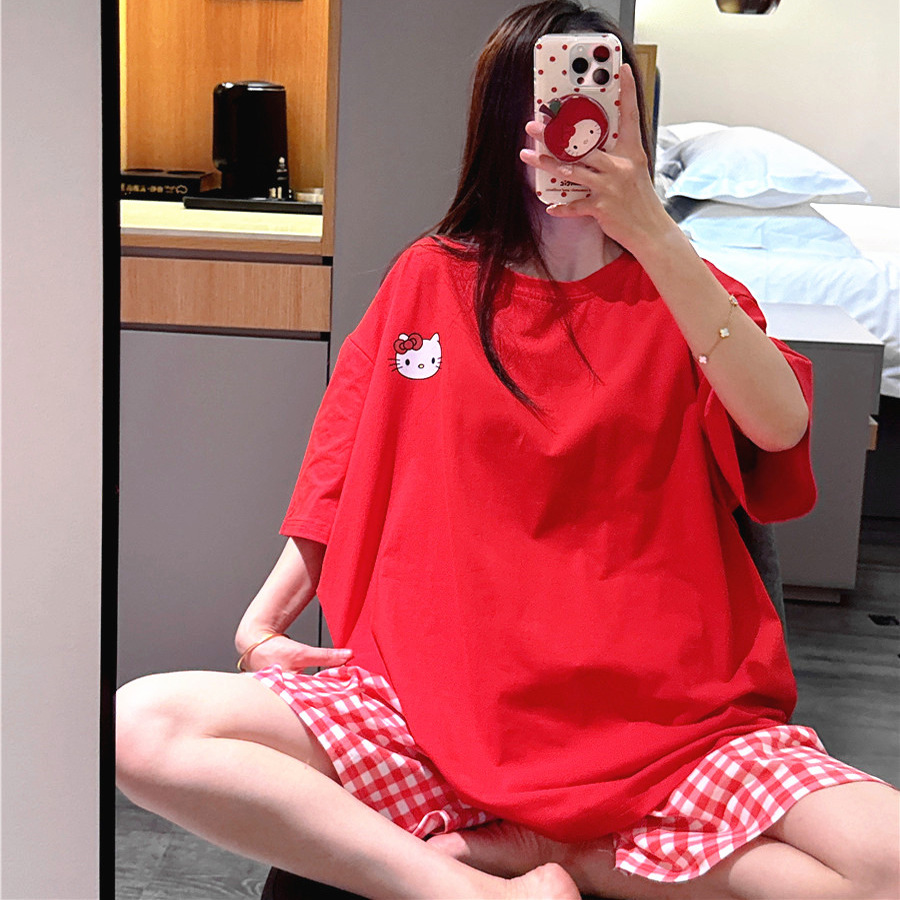 短袖睡衣女夏薄款纯棉甜美可爱猫咪印花家居服大码胖mm200斤套装