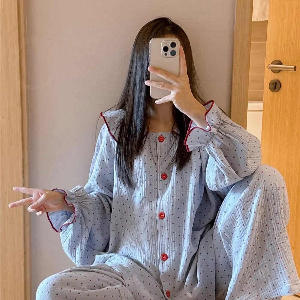 公主风长袖睡衣女秋娃娃领开衫家居服大码胖mm200斤波点长裤套装