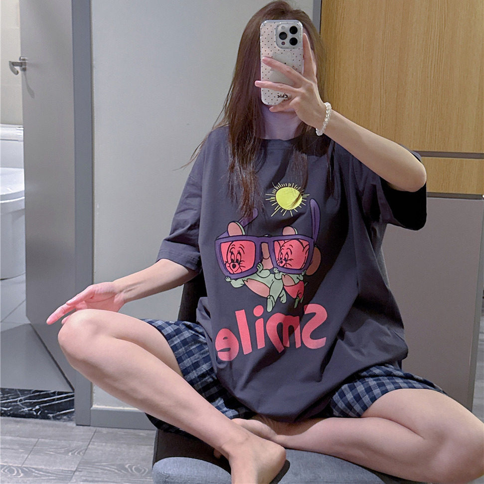 短袖睡衣女夏薄款纯棉卡通杰瑞老鼠印花家居服大码胖mm200斤套装