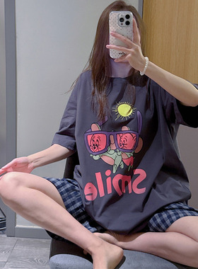 短袖睡衣女夏薄款纯棉卡通杰瑞老鼠印花家居服大码胖mm200斤套装