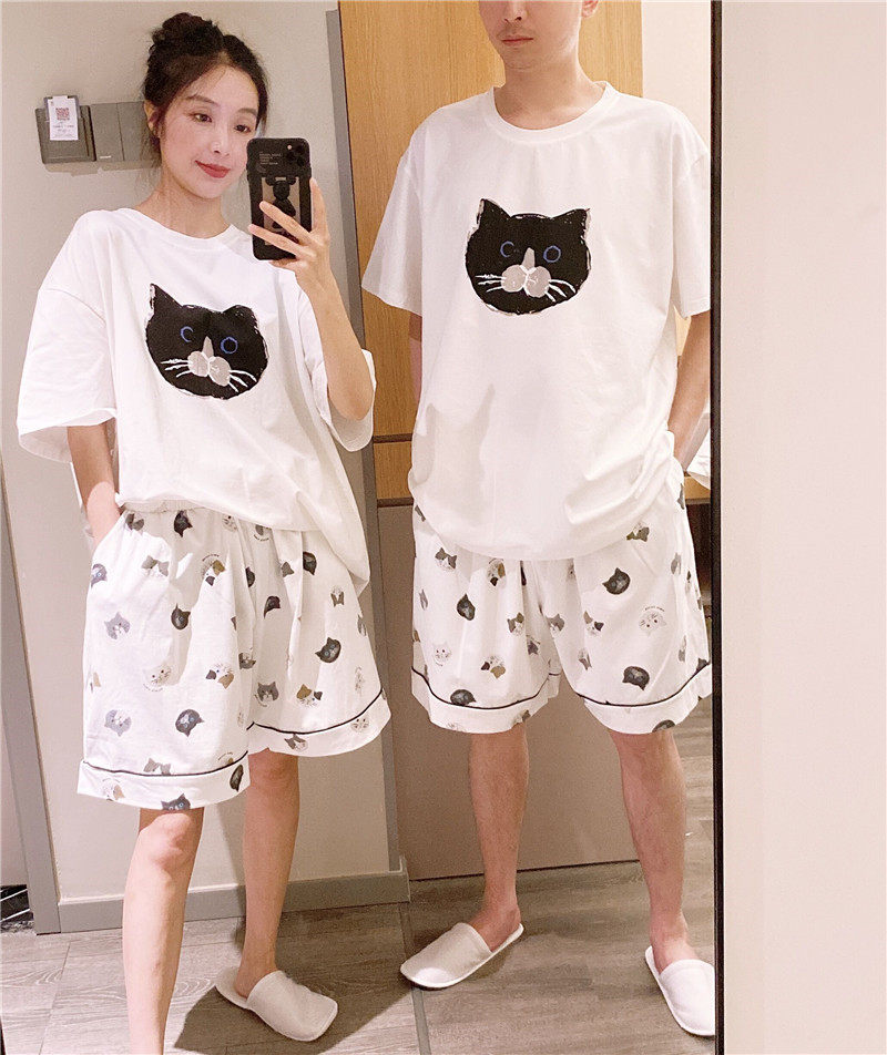 日系短袖情侣睡衣薄款纯棉可爱猫咪家居服宽松大码200斤短裤套装