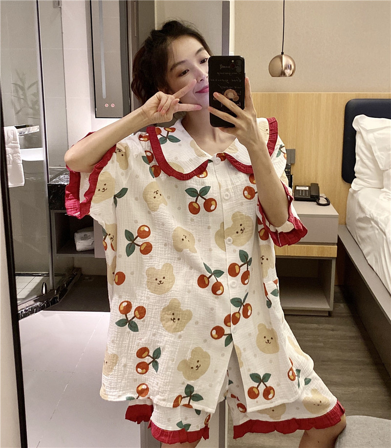 日系双层小熊大码套装短袖睡衣