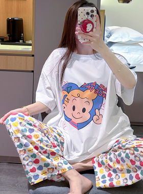 日系短袖睡衣女纯棉原田治女孩印花家居服大码胖mm200斤长裤套装