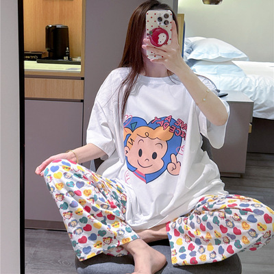 日系短袖睡衣女纯棉原田治女孩印花家居服大码胖mm200斤长裤套装