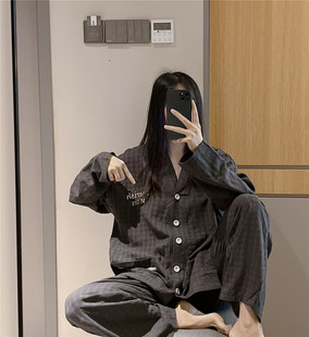 胖mm200斤套装 长袖 纯棉刺绣字母家居服大码 V领开衫 睡衣女春秋薄款