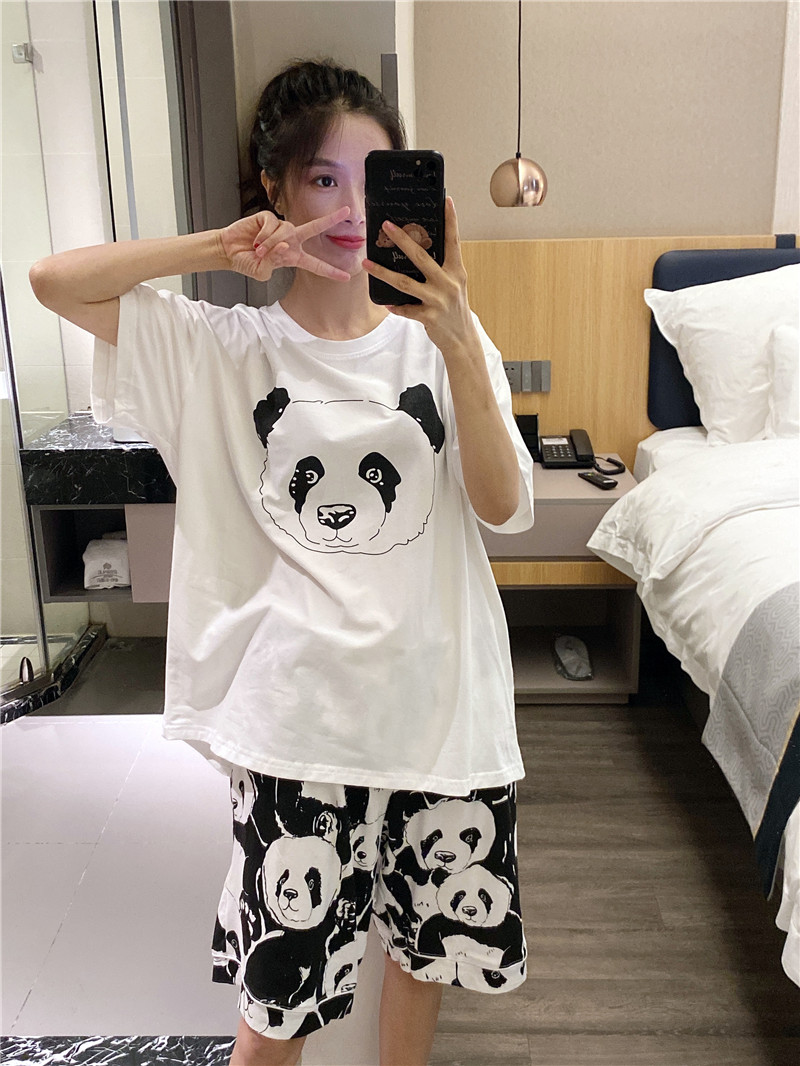 日系短袖情侣睡衣薄款可爱熊猫家居服大码200斤短裤套装可外穿夏