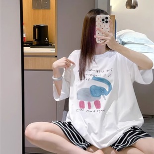 短袖 睡衣女夏甜美可爱小象印花家居服大码 胖mm200斤条纹短裤 套装