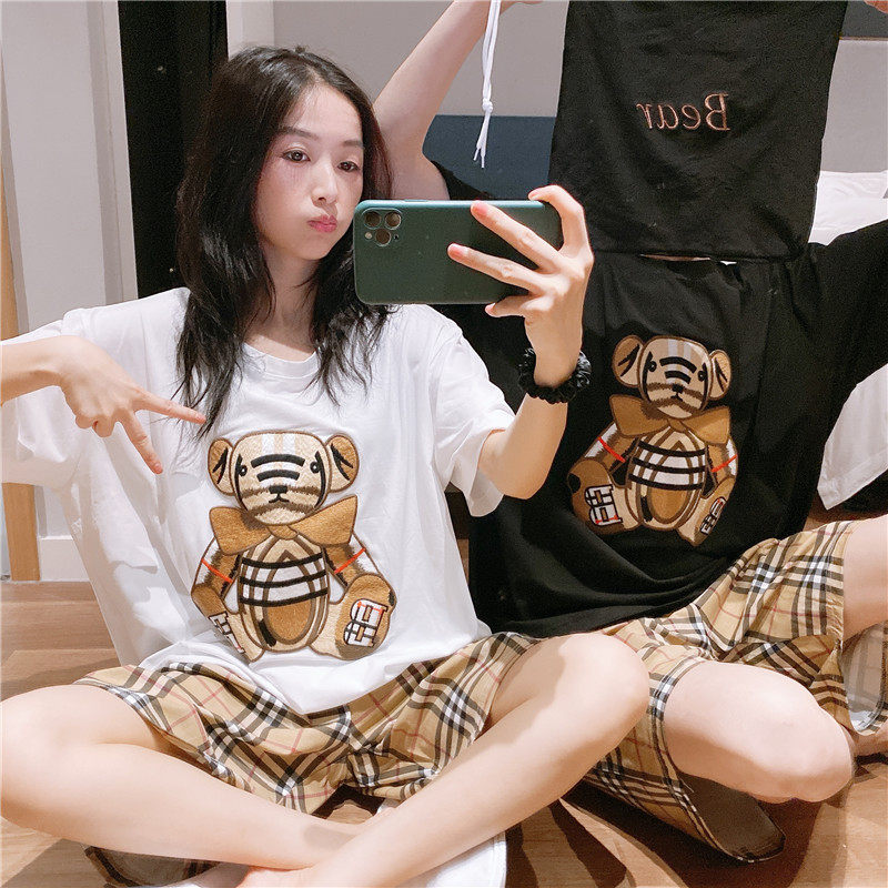3日系情侣短袖睡衣女夏薄款纯棉刺绣小熊家居服大码200斤套装外穿