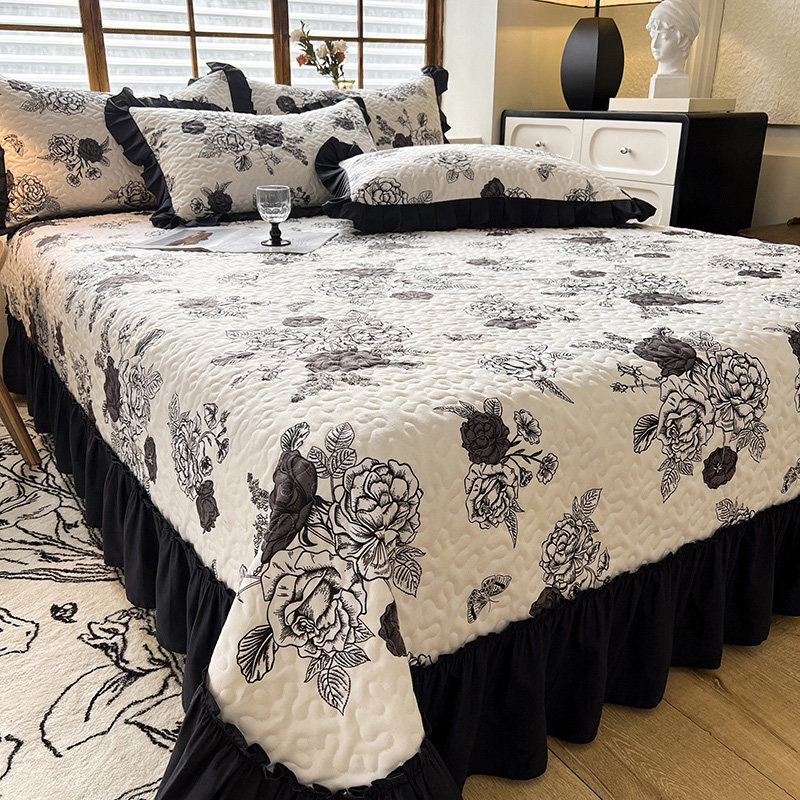 床裙花边床单床品四件套四季加厚夹棉床盖三件套单件防滑垫子