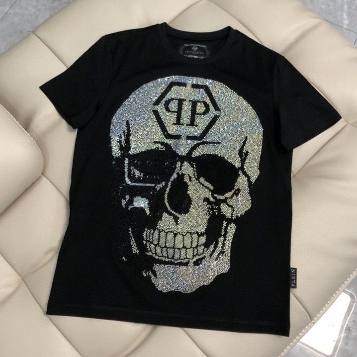欧洲站高端新款德国PP欧美短袖T恤男女装时尚骷髅头烫钻修身款潮