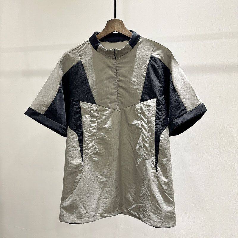 夏季男士套头短袖衬衫INS宽松港风拼色设计师立领五分袖休闲衬衣