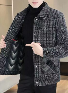 冬季高端毛呢男士外套短款翻领加绒加厚夹克保暖呢子方格休闲新款