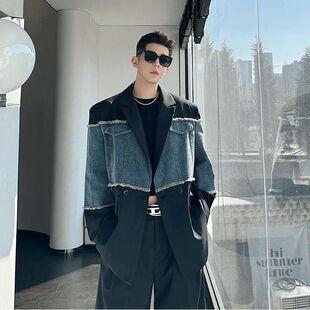 春秋牛仔西装水洗牛仔拼接西装外套男设计感韩版网红廓形垫肩西服