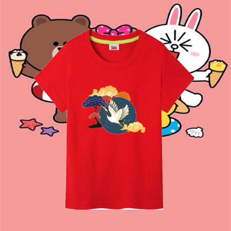 男童卡通小鸟印花纯棉短袖T恤2024新款童装仙鹤女孩上衣ins潮