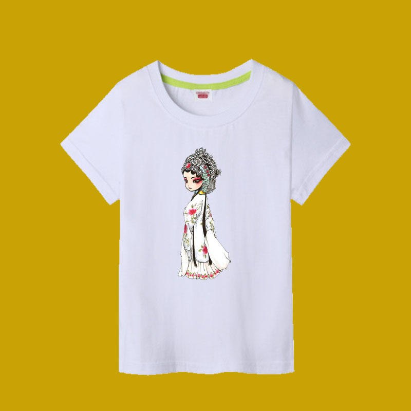 京剧印花纯棉短袖T恤男女童韩版青衣清新宽松休闲纯棉上衣服