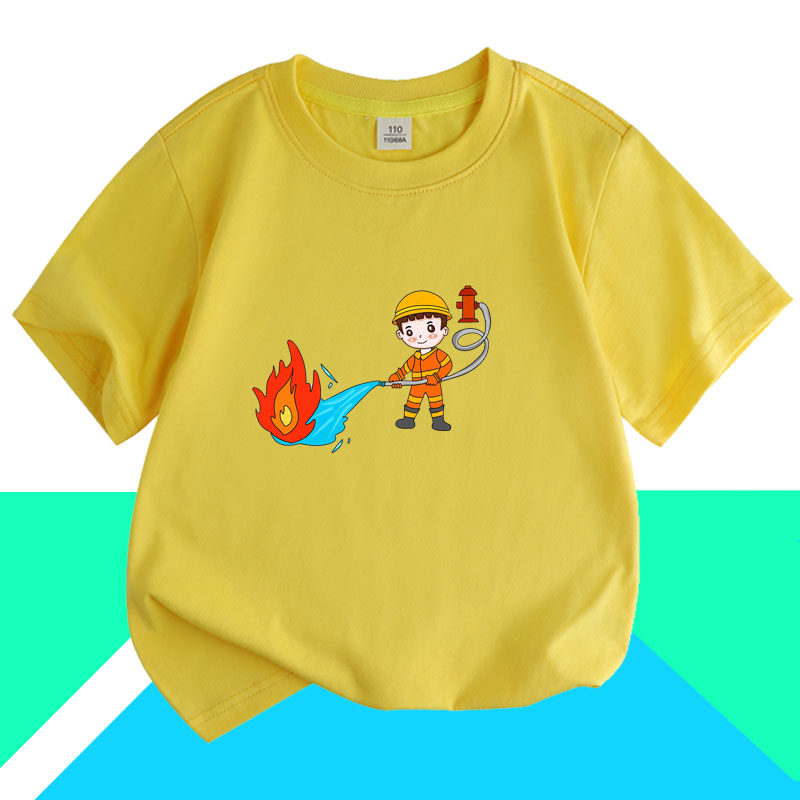 卡通消防员图案儿童2026衣服夏季男女童短袖T恤上衣纯棉薄款夏装