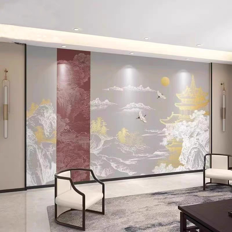 3d新中式客厅电视背景墙壁纸书房古建筑壁画餐厅包厢祥云仙鹤墙布